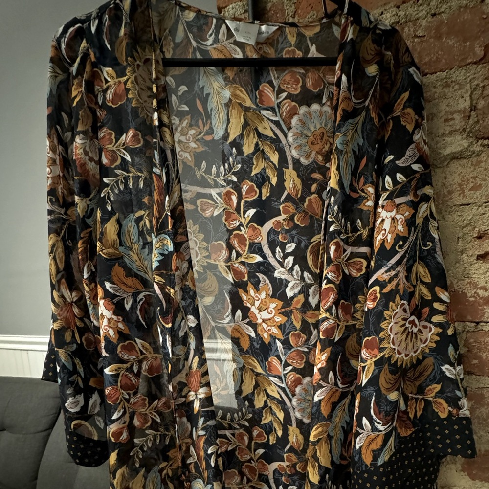 Christopher & Banks Floral Kimono Wrap - Black, Gold, Brown